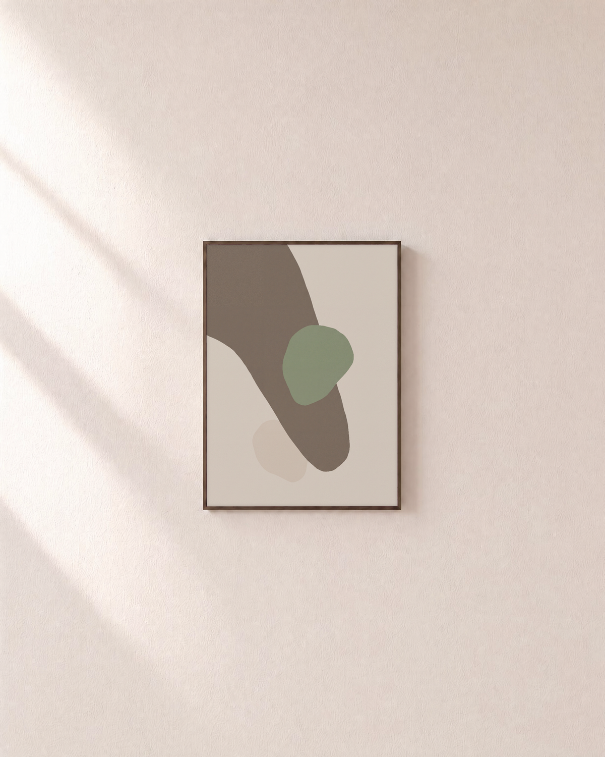 Taupe Curve with Sage Oval taupe and sage abstract wall art: unframed print is shown framed for styling on a plain wall; frame not included