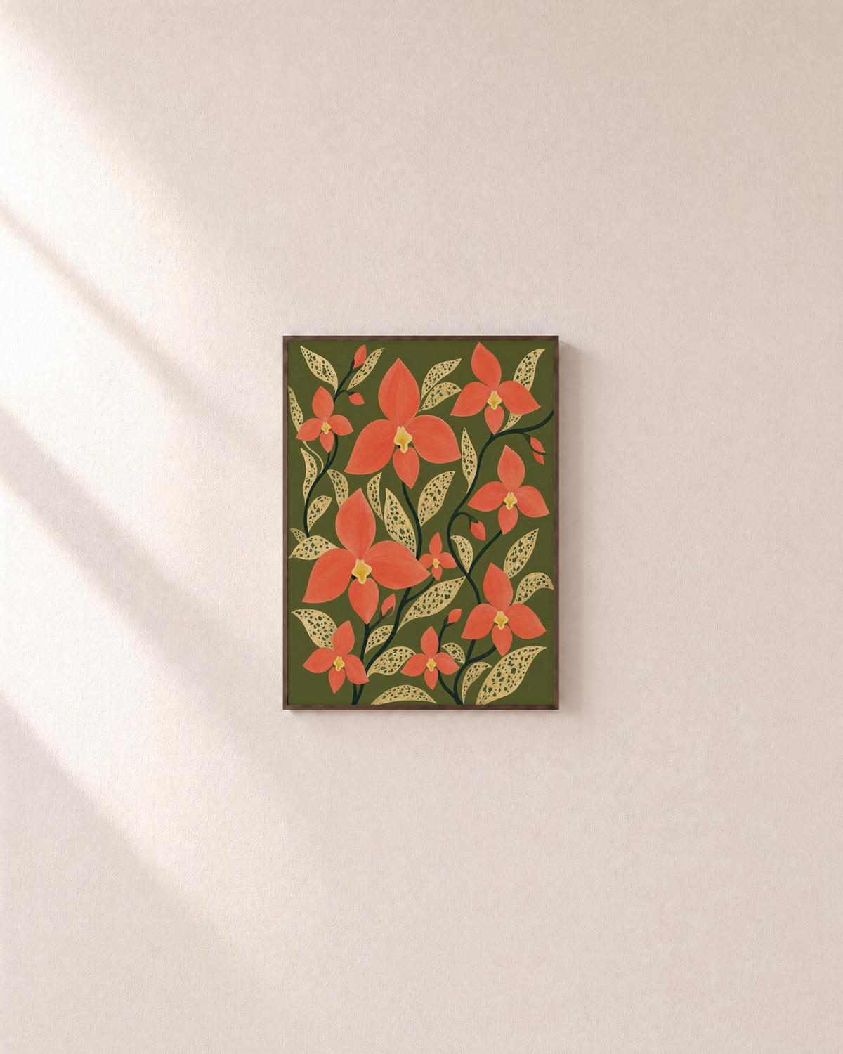 Orchid Fan coral orchid wall art: unframed print is shown framed for styling on a plain wall; frame not included