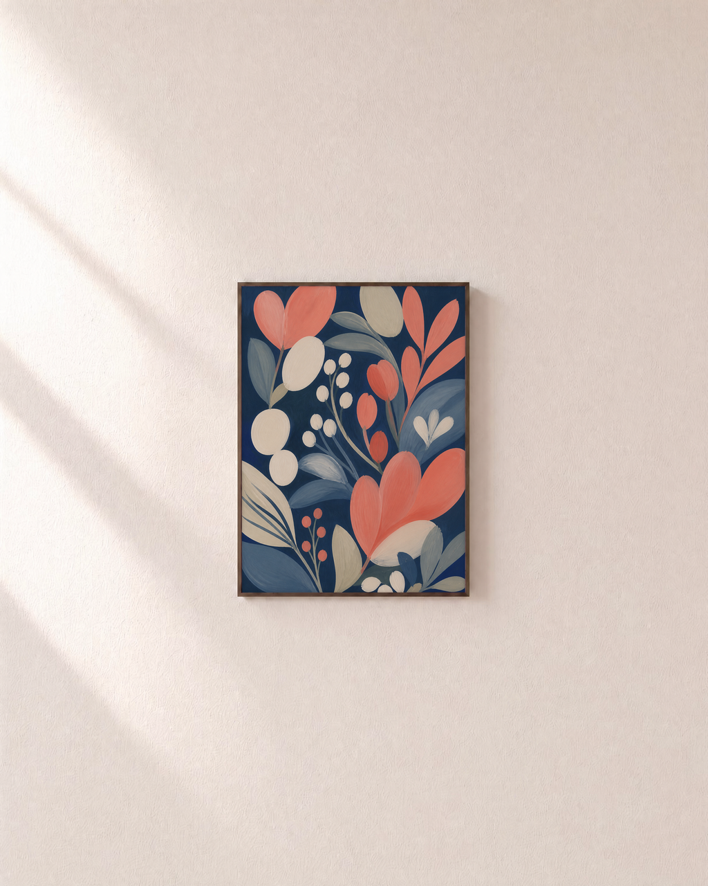 Coral Bloom floral vintage wall art: unframed print is shown framed for styling on a plain wall; frame not included