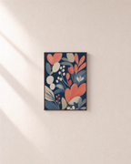 Coral Bloom floral vintage wall art: unframed print is shown framed for styling on a plain wall; frame not included