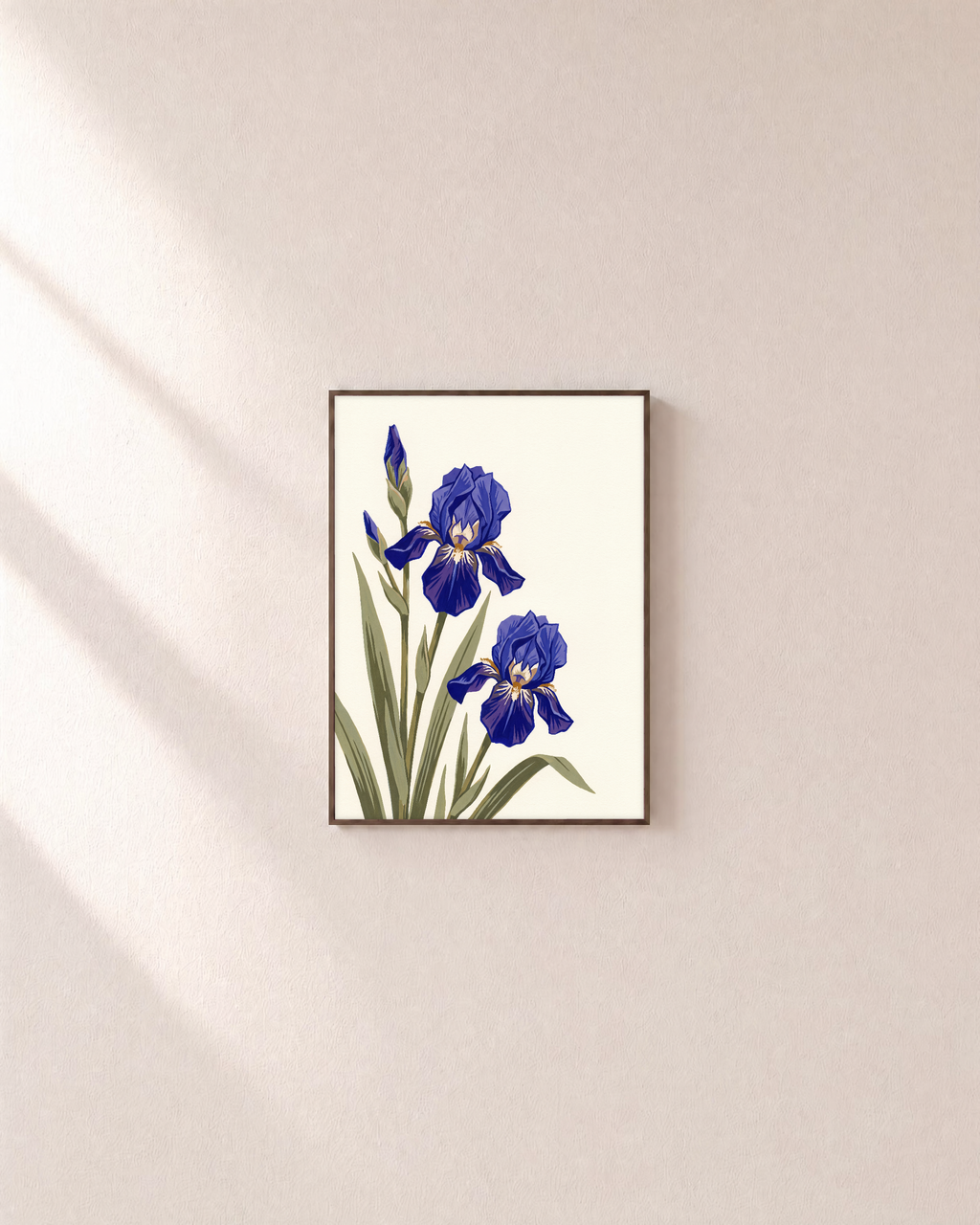 Blue Folk Stem unframed print is shown framed for styling in a plain wall; frame not included