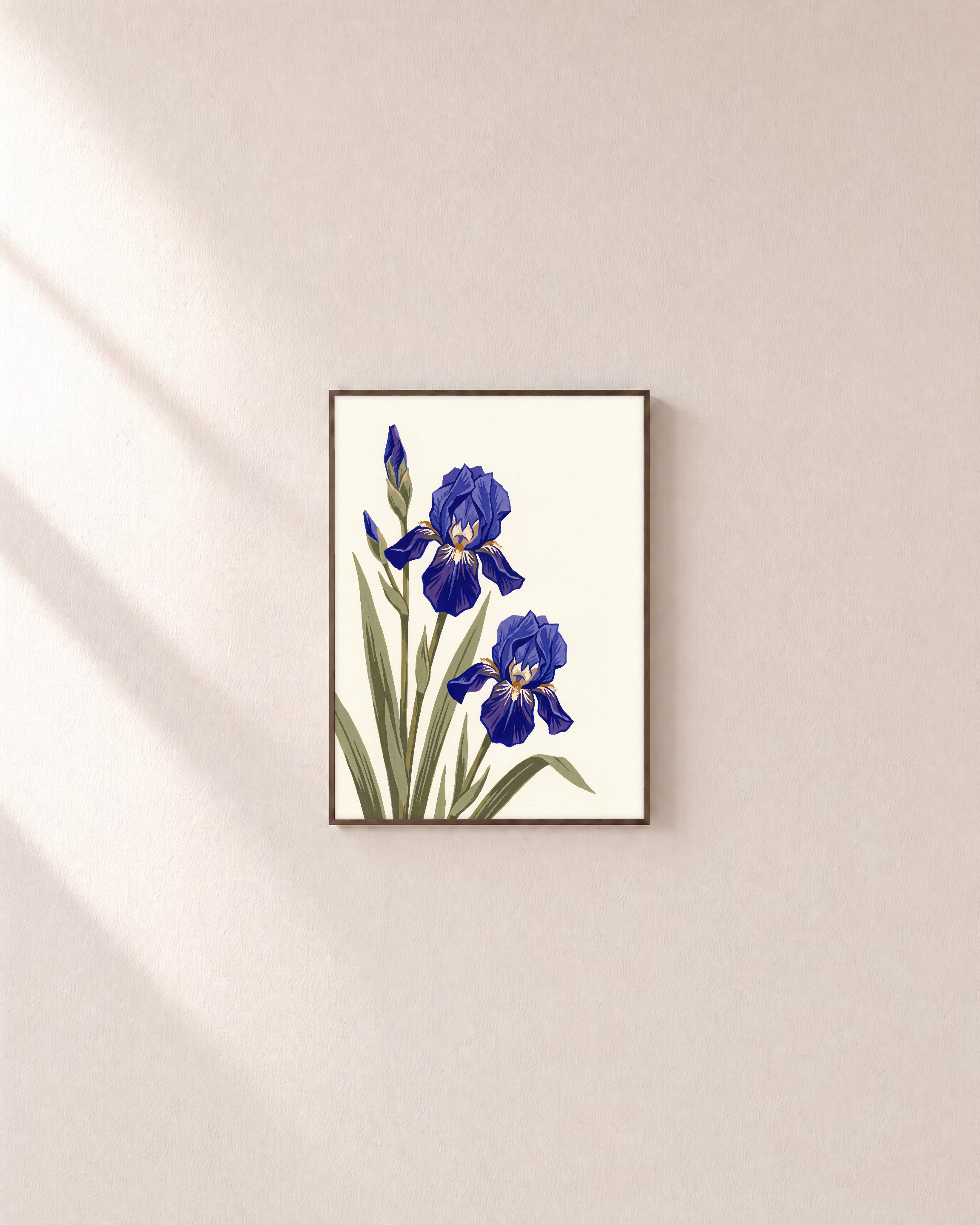 Blue Folk Stem unframed print is shown framed for styling in a plain wall; frame not included