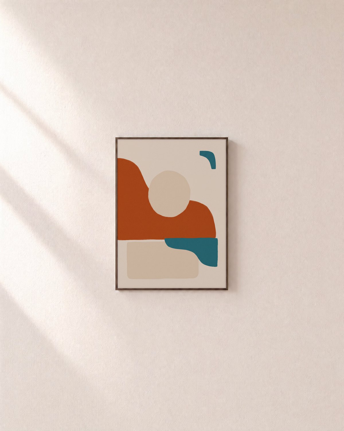 Terracotta Horizon with Teal Marks burnt orange mid century wall art: unframed print is shown framed for styling on a plain wall; frame not included