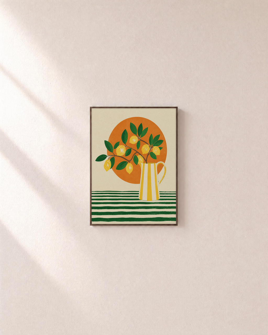 Morning Lemons lemon wall art: unframed print is shown framed for styling on a plain wall; frame not included