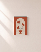 Bowl Poppies orange poppy artwork print: unframed print is shown framed for styling on a plain wall; frame not included