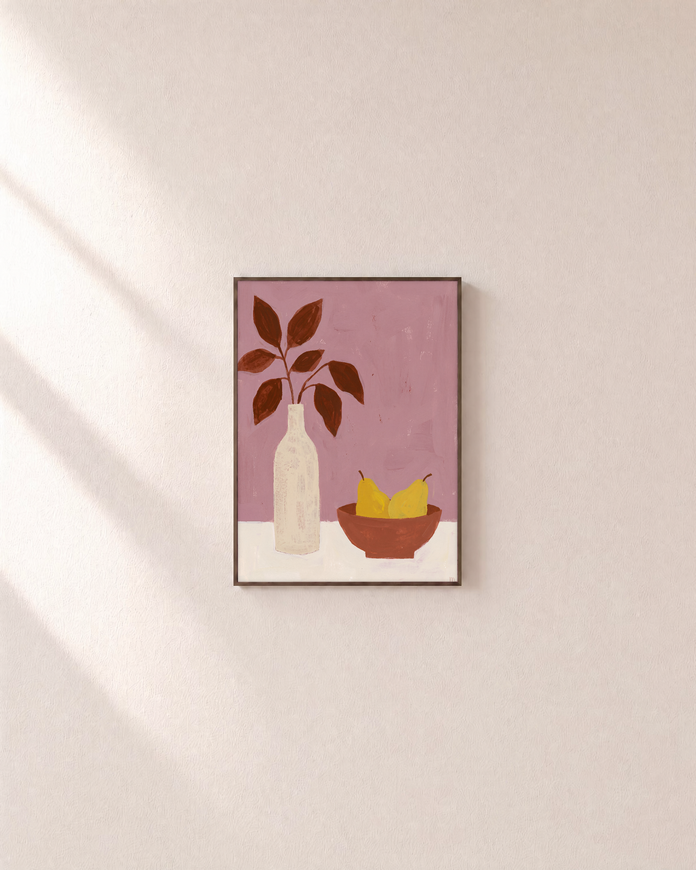 Pitcher and Lemon Studio edition unframed print is shown framed for styling in a plain wall; Frame not included