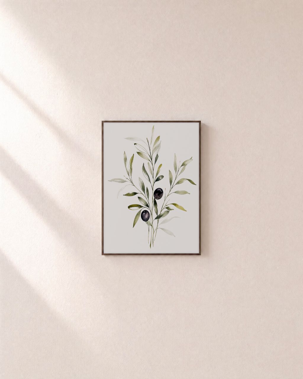 Three Olive Sprigs Two Figs unframed print is shown framed for styling in a plain wall; frame not included