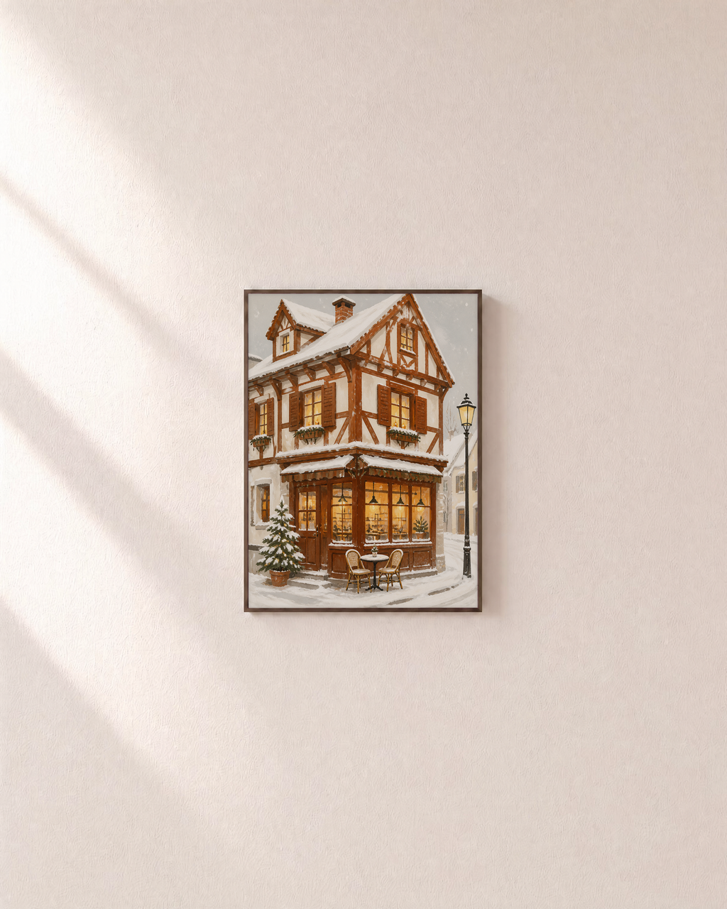 Corner Café cafe wall art: unframed print is shown framed for styling on a plain wall; frame not included