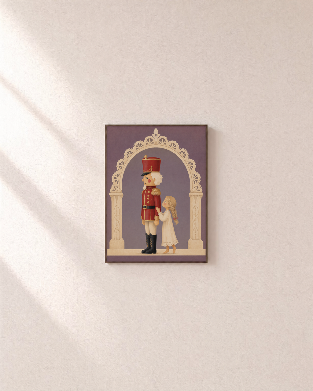 Nutcracker Night nutcracker girl print: unframed print is shown framed for styling on a plain wall; frame not included