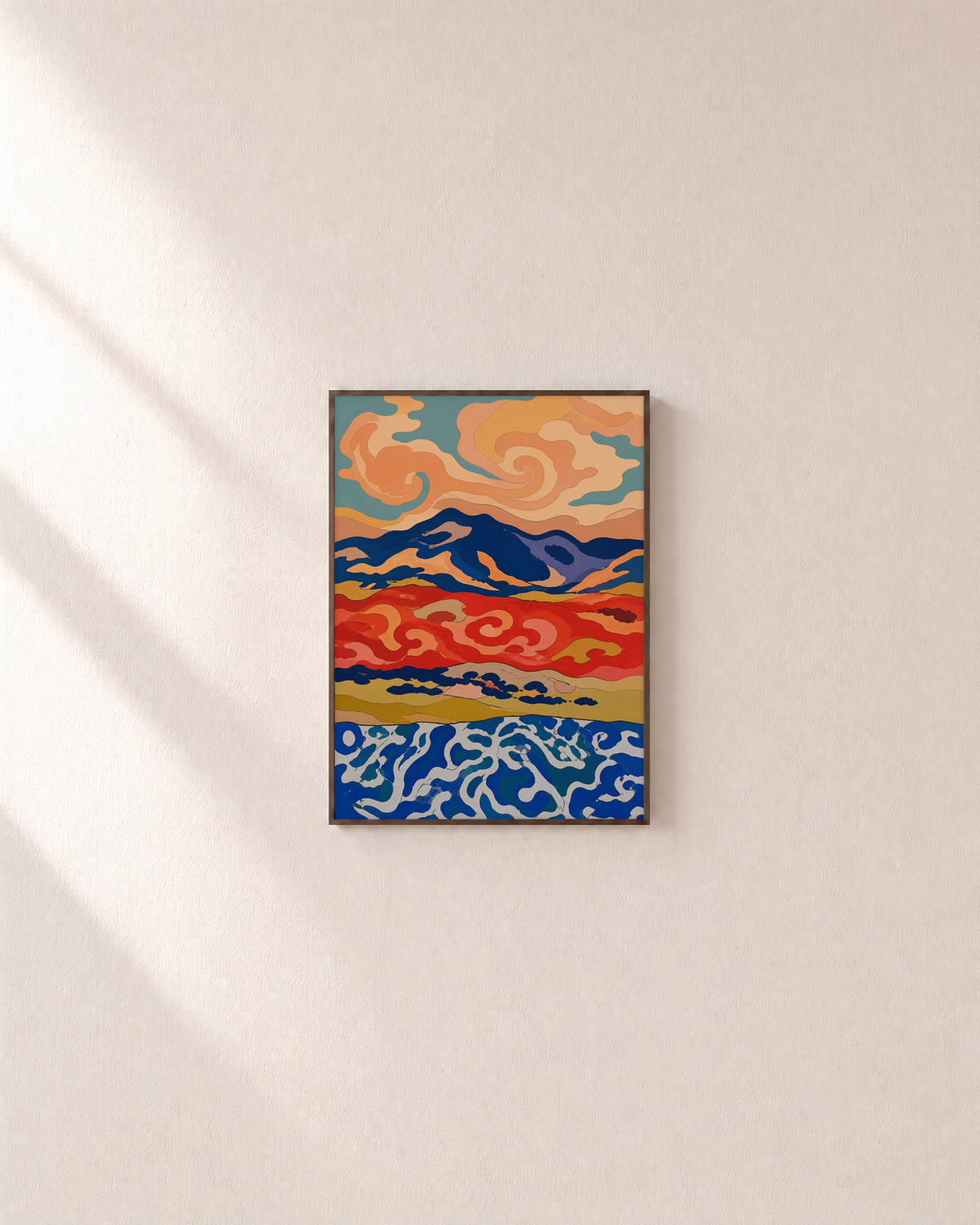 Ridge Weather peach swirl ridge wall art: unframed print is shown framed for styling on a plain wall; frame not included