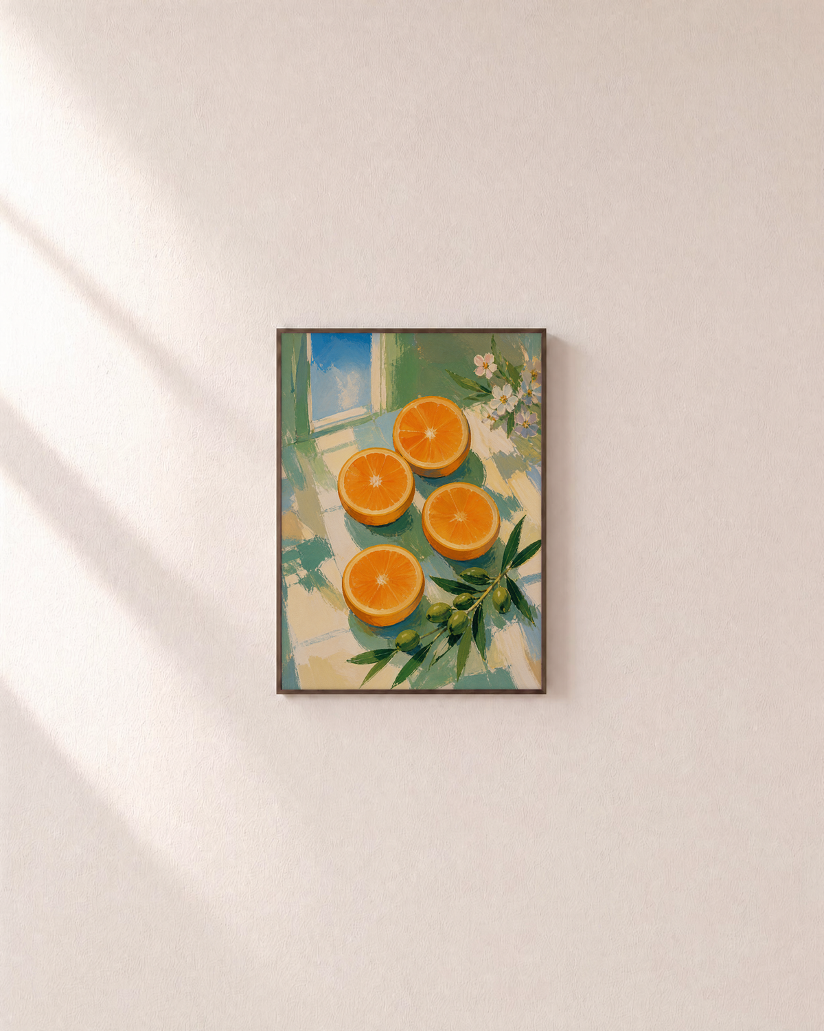 Citrus Noon citrus wheel wall art: unframed print is shown framed for styling on a plain wall; frame not included