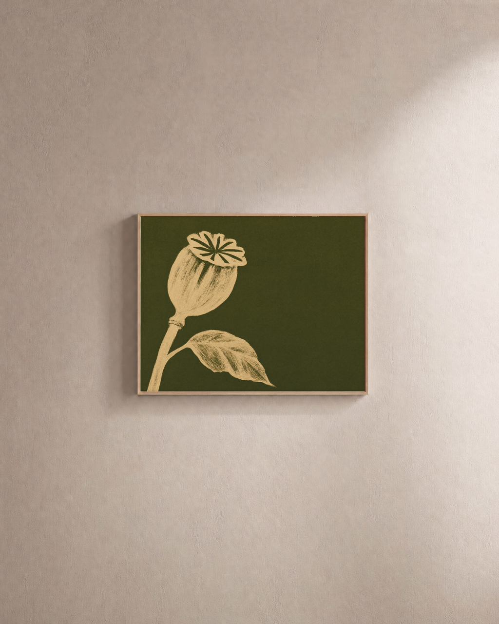 Beige Pod Bloom at Left single pod bloom wall art print: unframed print is shown framed for styling on a plain wall; frame not included