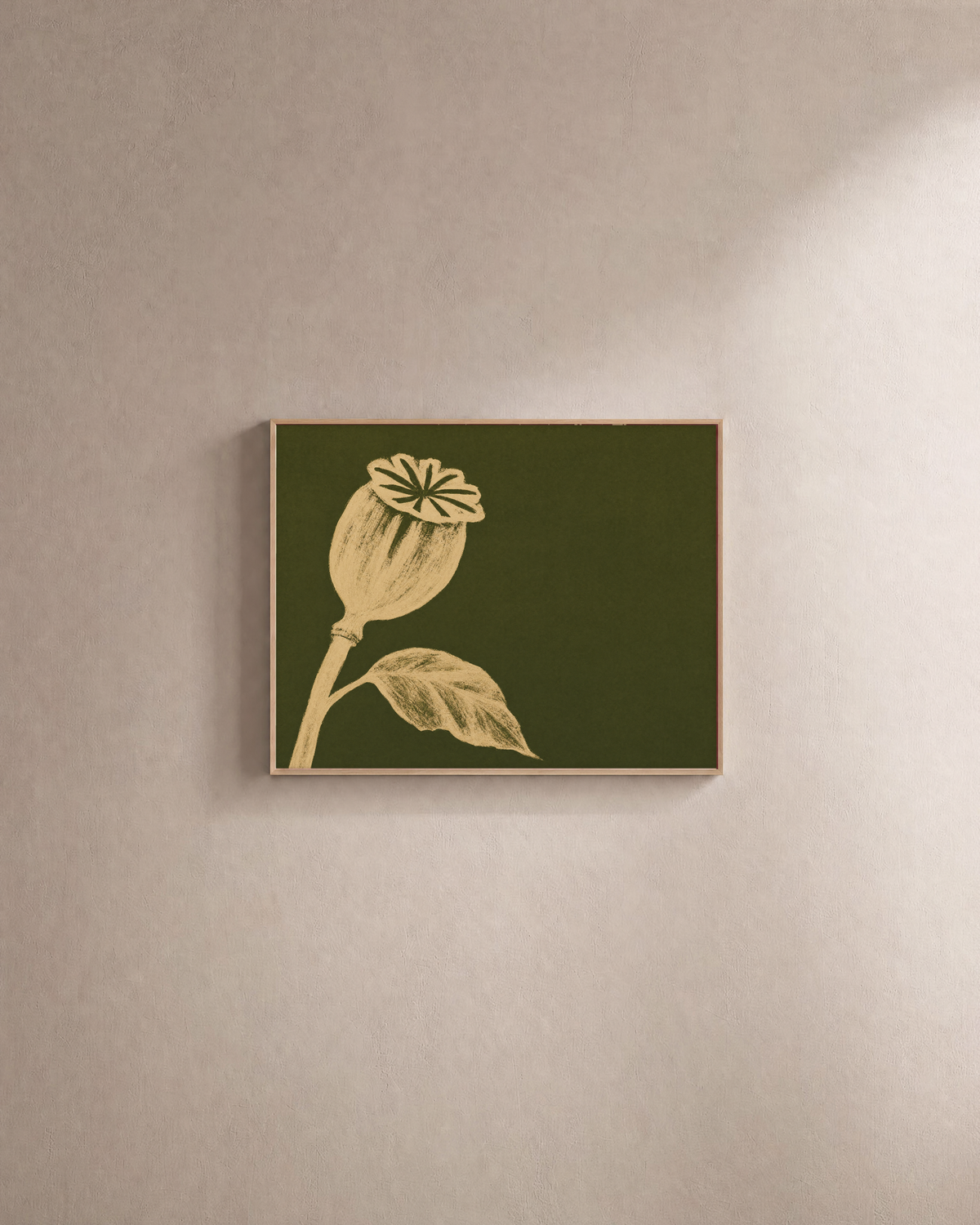 Beige Pod Bloom at Left single pod bloom wall art print: unframed print is shown framed for styling on a plain wall; frame not included