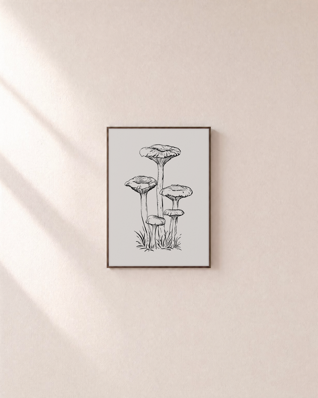 Mushroom Patch mushroom poster print: unframed print is shown framed for styling on a plain wall; frame not included