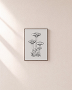 Mushroom Patch mushroom poster print: unframed print is shown framed for styling on a plain wall; frame not included
