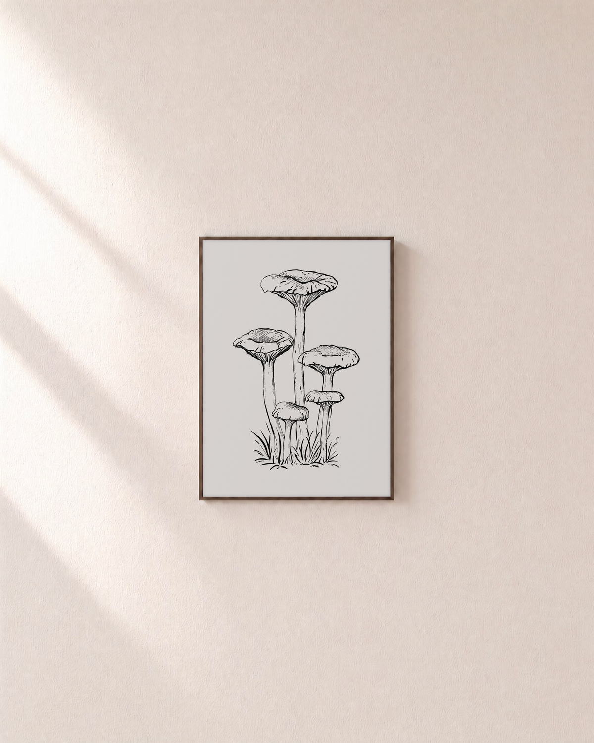 Mushroom Patch mushroom poster print: unframed print is shown framed for styling on a plain wall; frame not included
