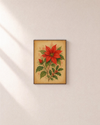 Winter Poinsettia red poinsettia print: unframed print is shown framed for styling on a plain wall; frame not included
