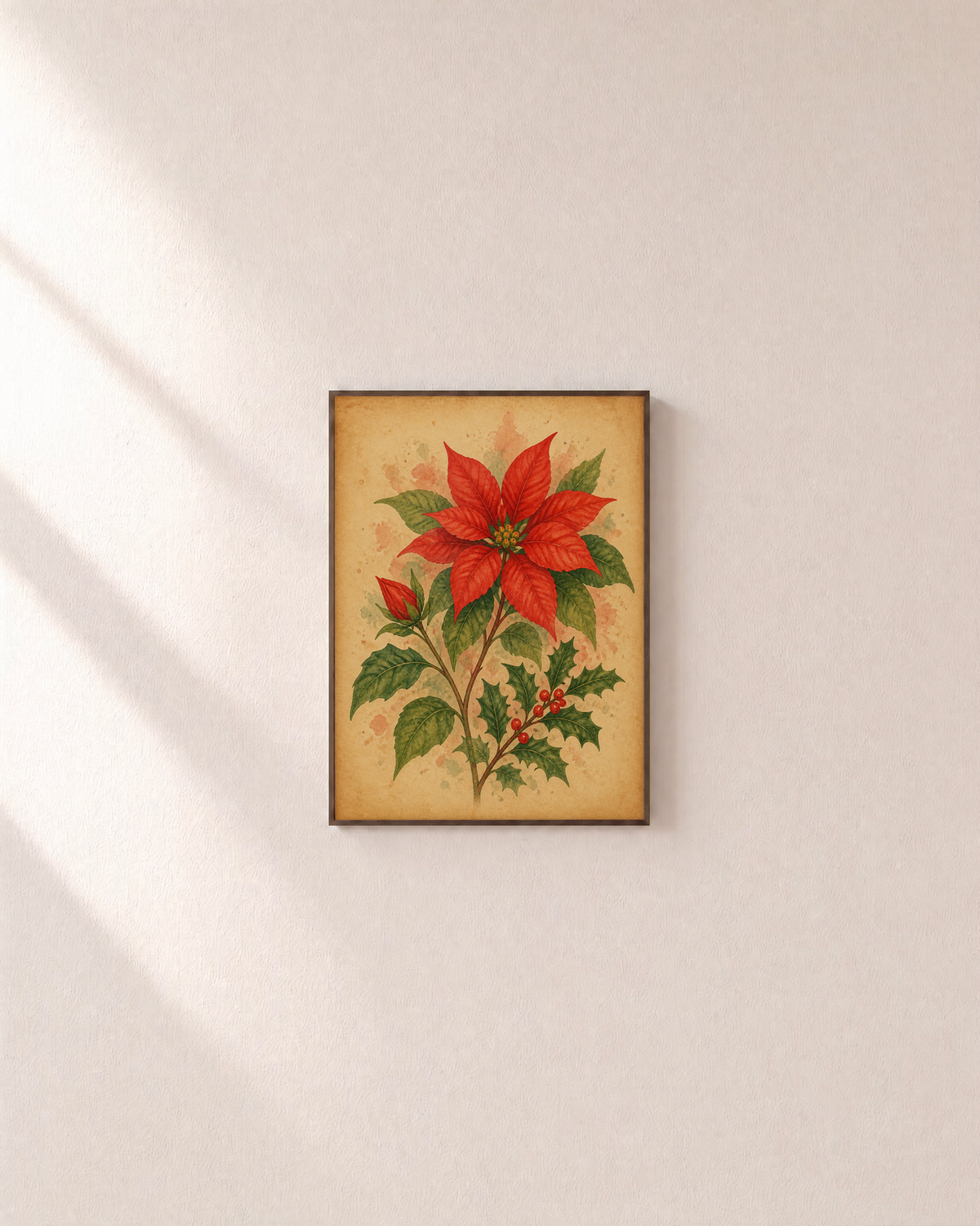 Winter Poinsettia red poinsettia print: unframed print is shown framed for styling on a plain wall; frame not included