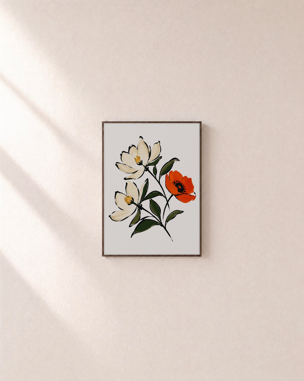 Two Magnolias One Rust Poppy unframed print is shown framed for styling in a plain wall; frame not included