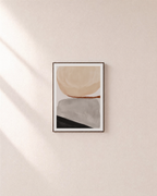 Rust Line and Charcoal Wedge beige and gray abstract wall art print: unframed print is shown framed for styling on a plain wall; frame not included