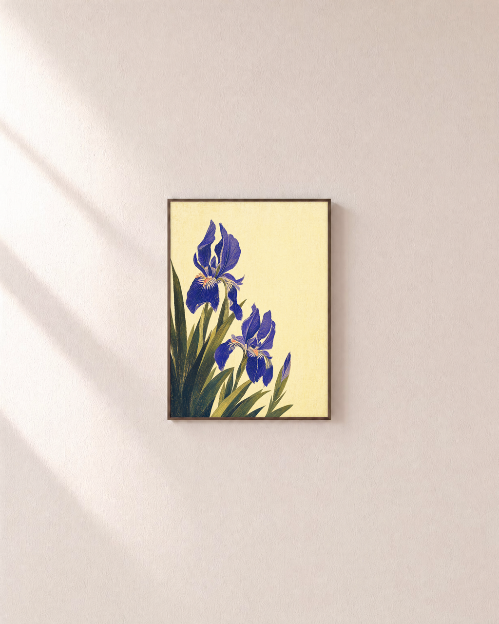 Blue Folk Stem unframed print is shown framed for styling in a plain wall; frame not included