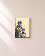 Blue Folk Stem unframed print is shown framed for styling in a plain wall; frame not included