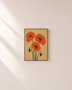 Bud Hooks three orange poppies wall art: unframed print is shown framed for styling on a plain wall; frame not included