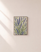 Garden Fan lavender spike botanical wall art: unframed print is shown framed for styling on a plain wall; frame not included