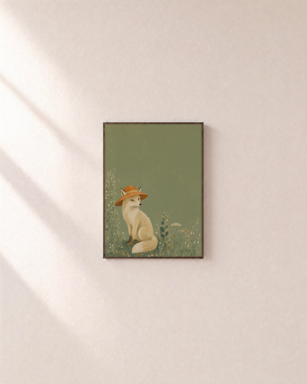 Fox Straw Hat Sage unframed print is shown framed for styling in a plain wall; frame not included