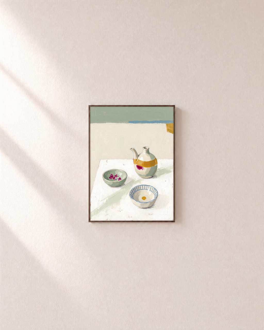 Oil Pourer Table unframed print is shown framed for styling in a plain wall; frame not included