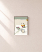 Oil Pourer Table unframed print is shown framed for styling in a plain wall; frame not included