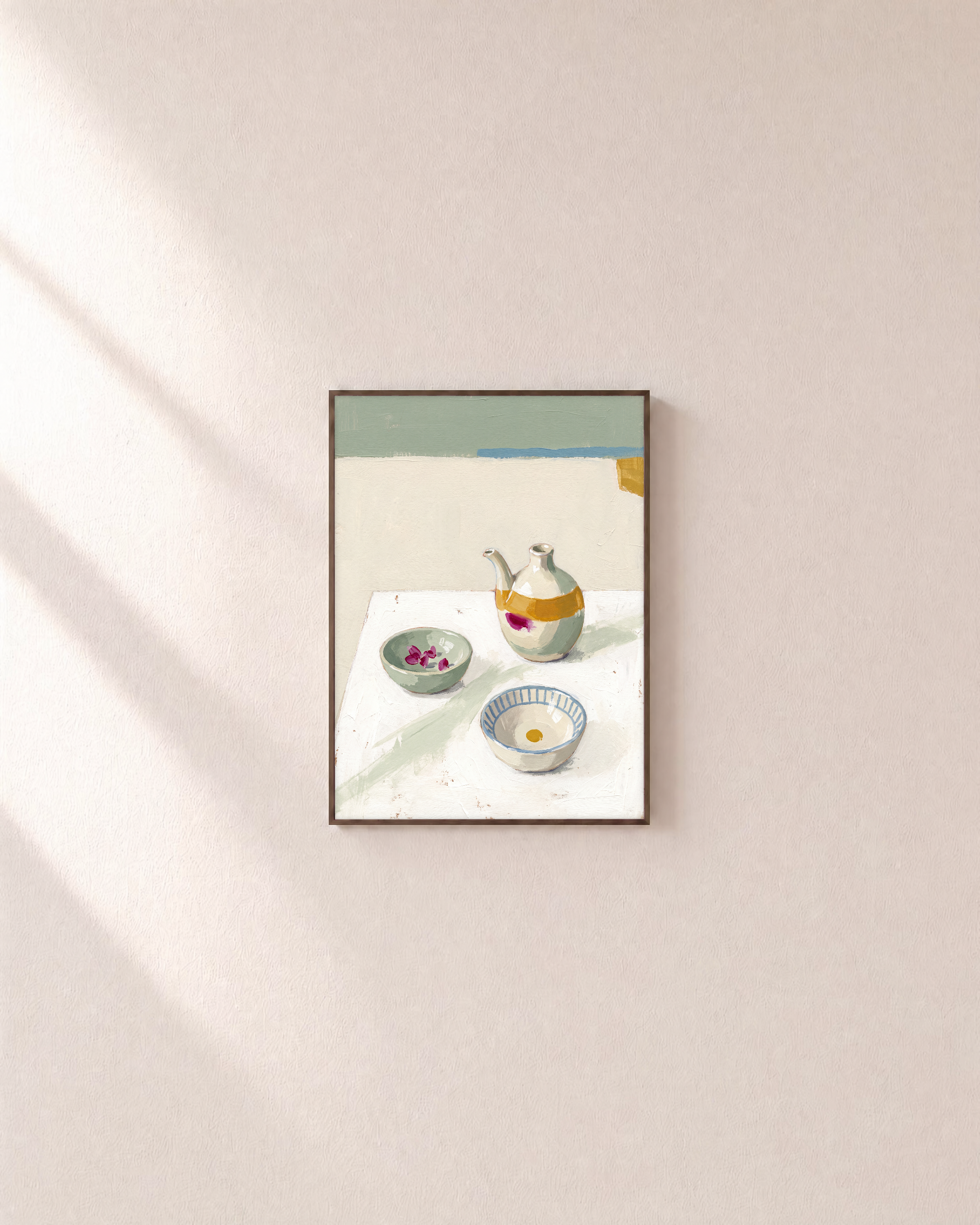 Oil Pourer Table unframed print is shown framed for styling in a plain wall; frame not included