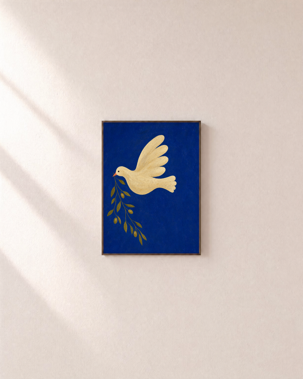 Dove Branch Blue unframed print is shown framed for styling in a plain wall; frame not included