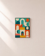 Arch Hour blue geometric wall art: unframed print is shown framed for styling on a plain wall; frame not included