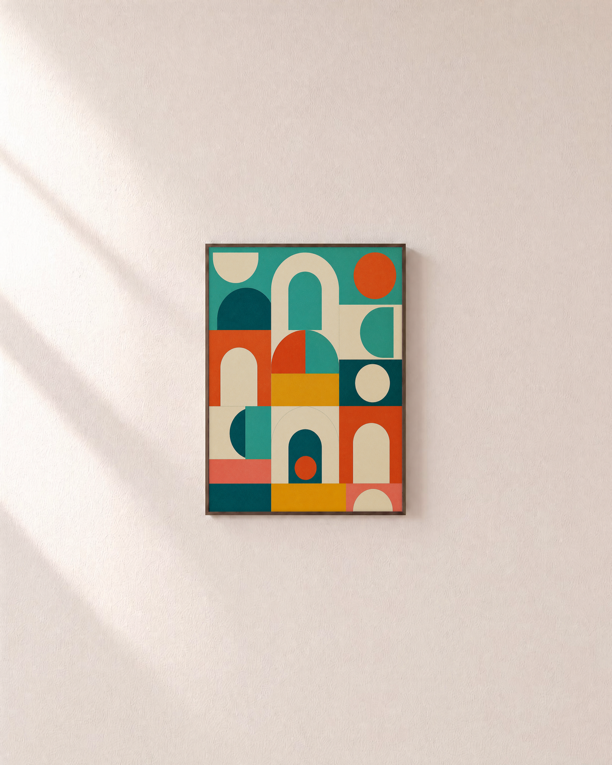 Arch Hour blue geometric wall art: unframed print is shown framed for styling on a plain wall; frame not included