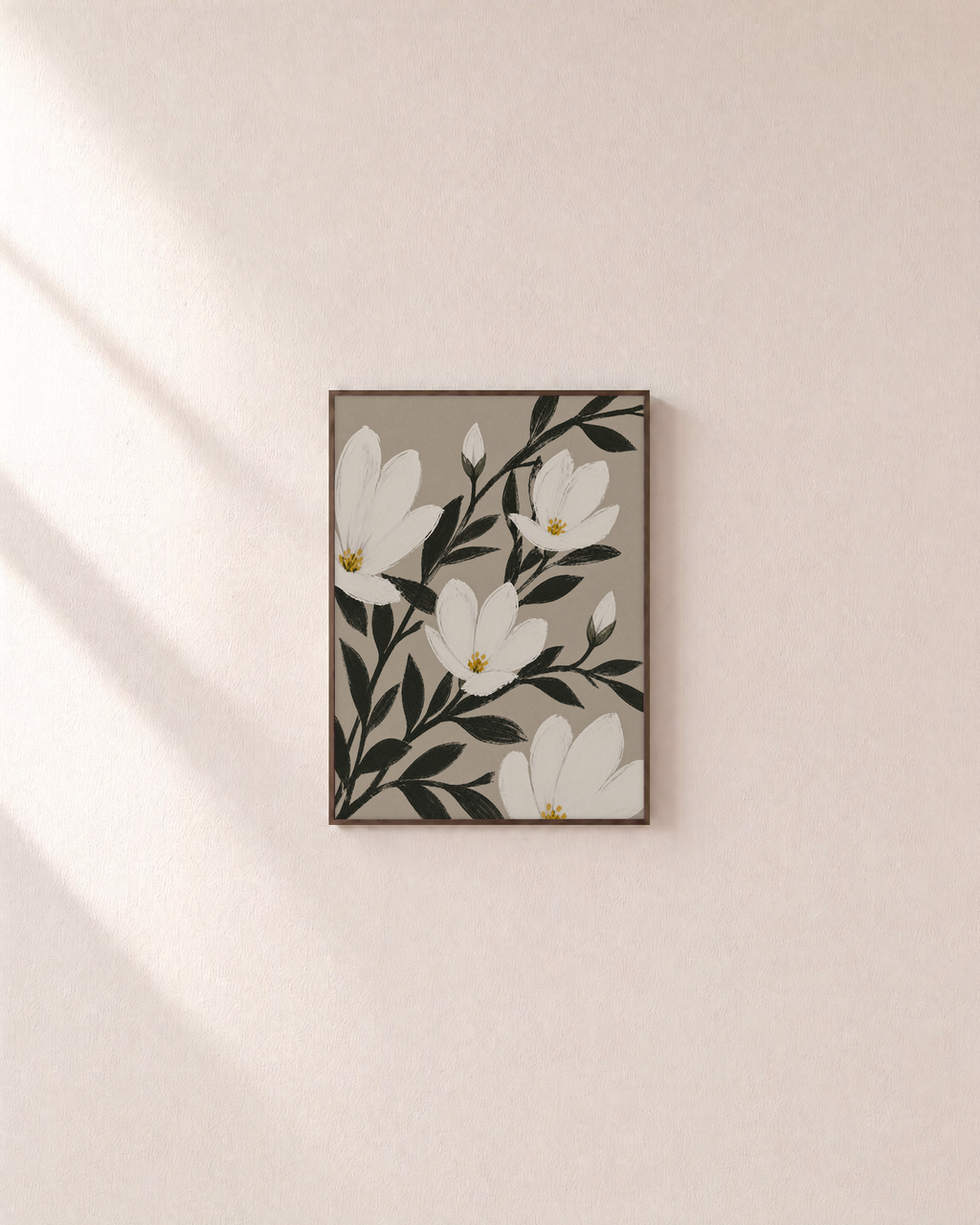 Uneven Magnolias white magnolia wall art: unframed print is shown framed for styling on a plain wall; frame not included
