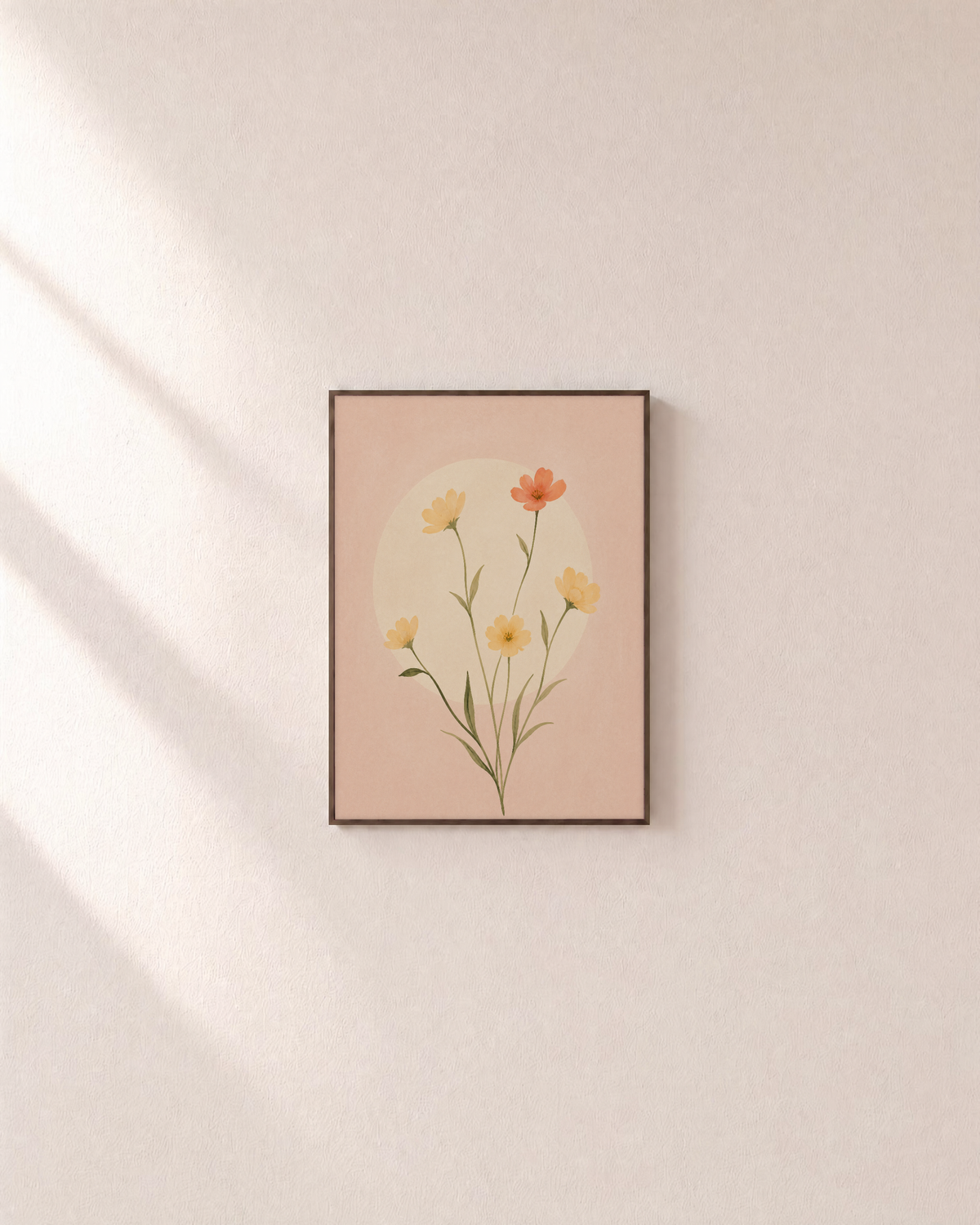 Wildflower Cluster coral wildflower wall art: unframed print is shown framed for styling on a plain wall; frame not included