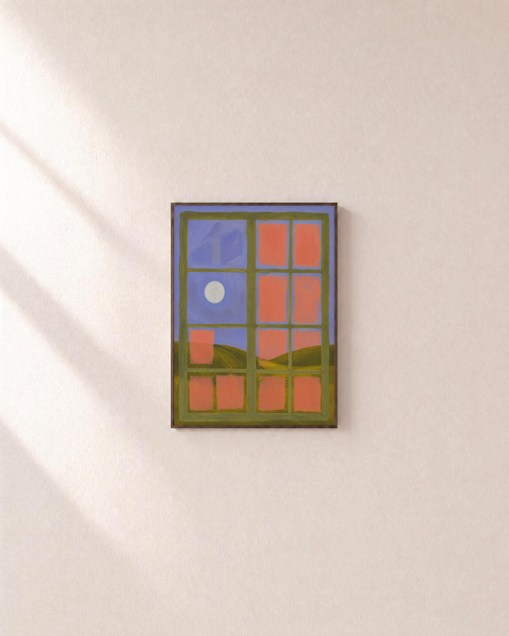 Window Noon grid window sun wall art: unframed print is shown framed for styling on a plain wall; frame not included