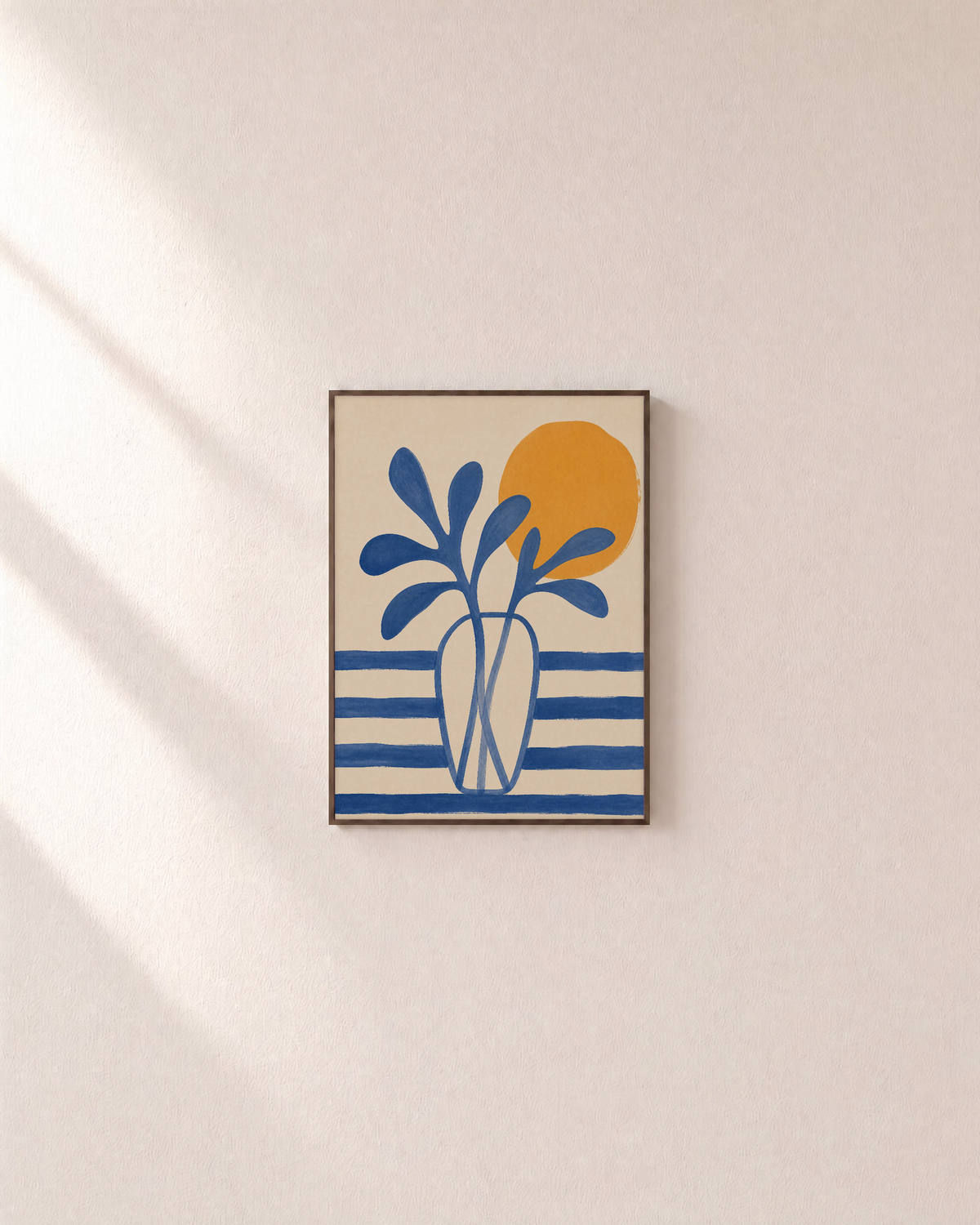 Leaf Vase blue leaf vase wall art: unframed print is shown framed for styling on a plain wall; frame not included