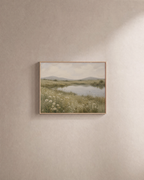 Quiet Pond wildflower pond print: unframed print is shown framed for styling on a plain wall; frame not included