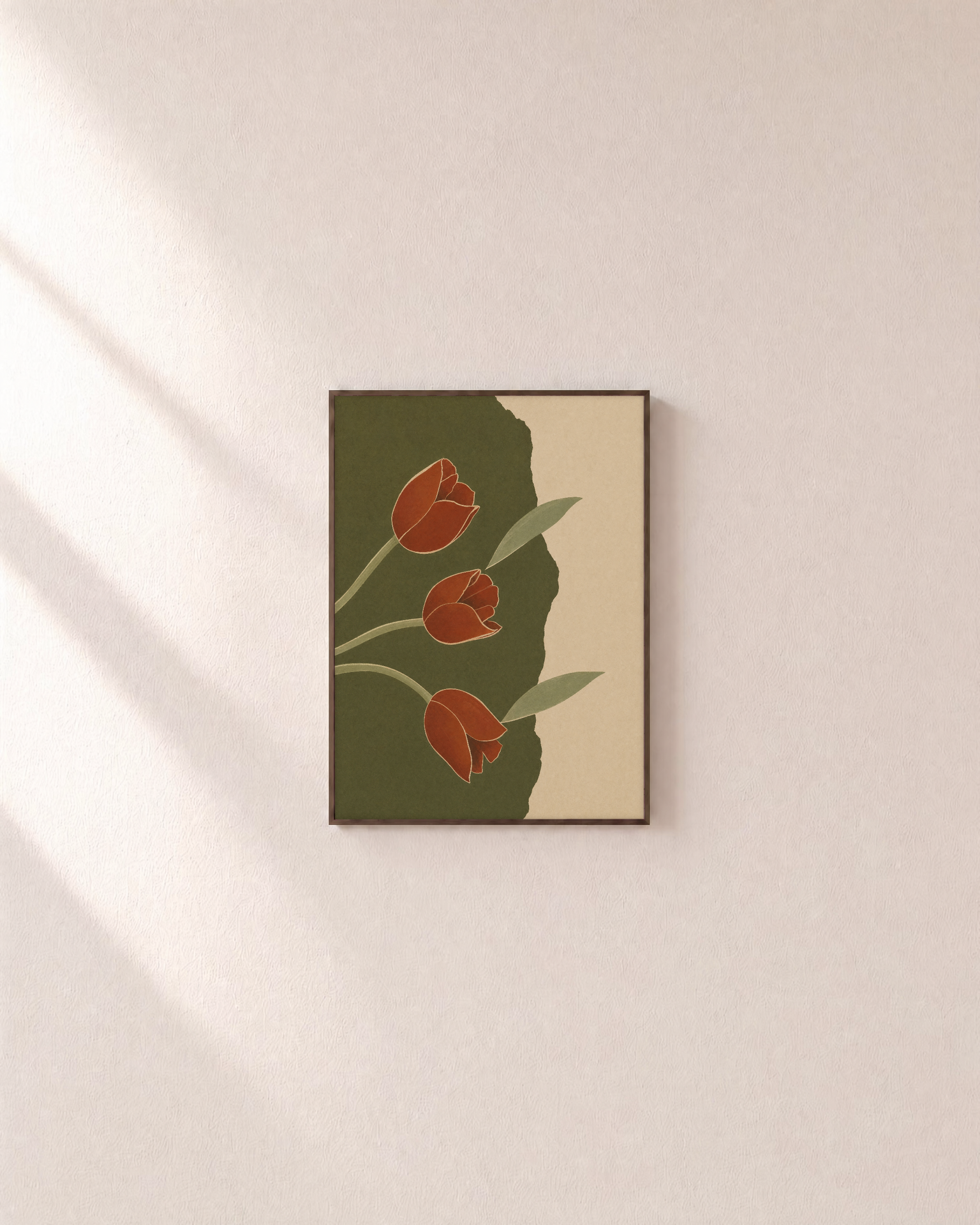 Tulips Break Olive Slab unframed print is shown framed for styling in a plain wall; frame not included