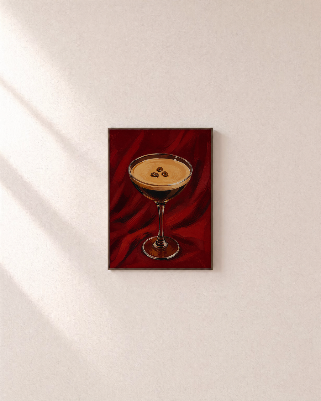 Late Nightcap coffee wall art: unframed print is shown framed for styling on a plain wall; frame not included
