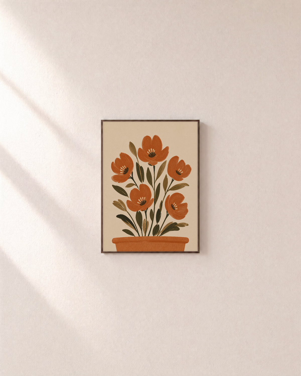 Morning Florets terracotta pot flower wall art: unframed print is shown framed for styling on a plain wall; frame not included