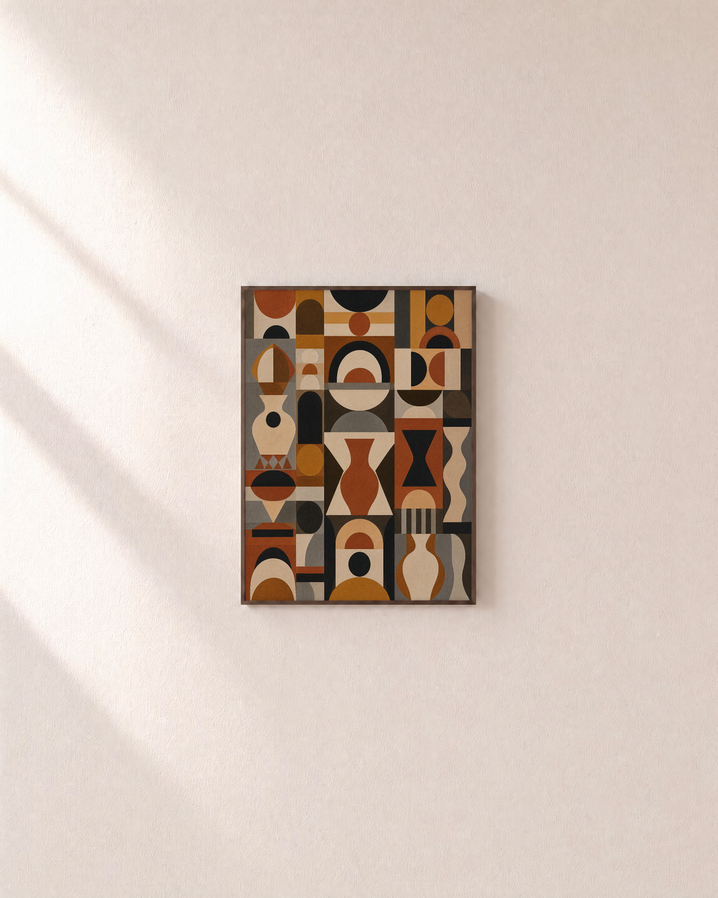 Vessel Ledger earth tone abstract art print: unframed print is shown framed for styling on a plain wall; frame not included