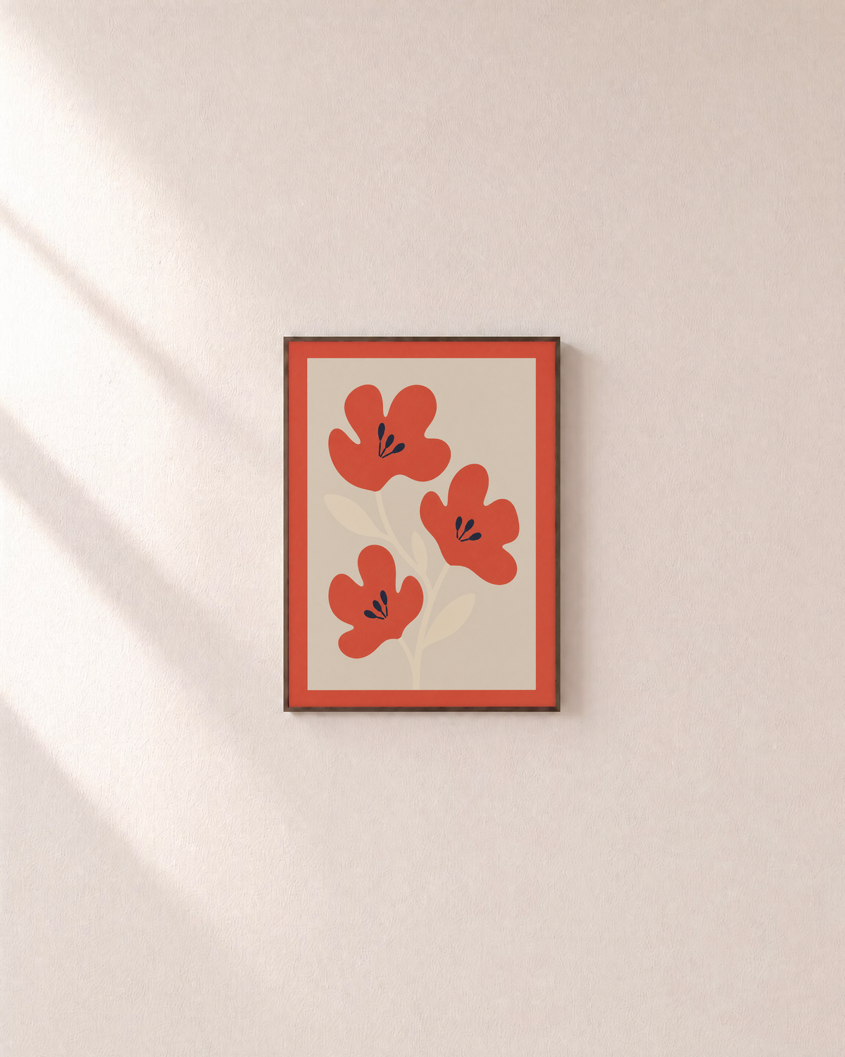 Flower Hour coral flower wall art: unframed print is shown framed for styling on a plain wall; frame not included