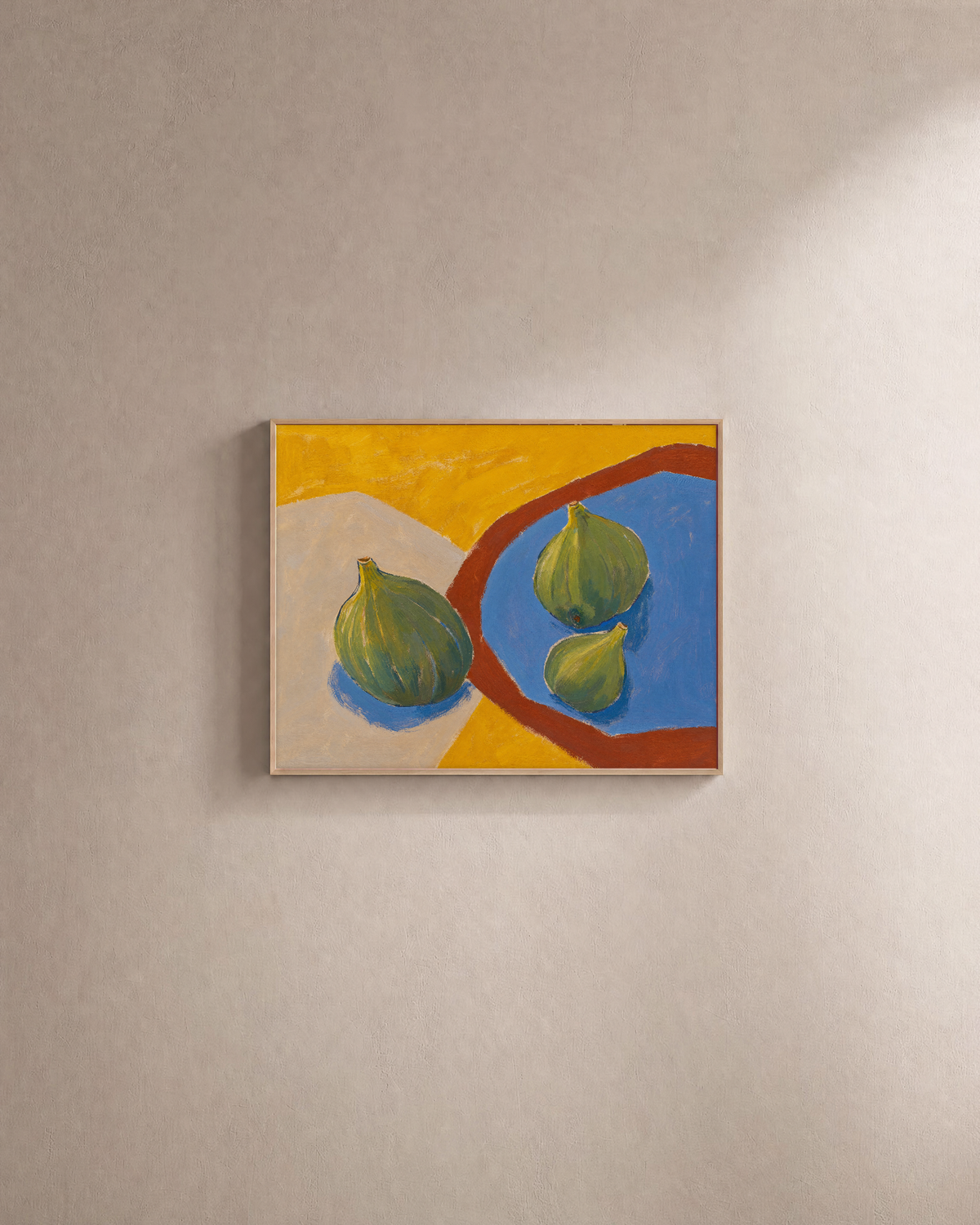 Three Figs on a Plate Edge figs on a blue plate wall art print: unframed print is shown framed for styling on a plain wall; frame not included