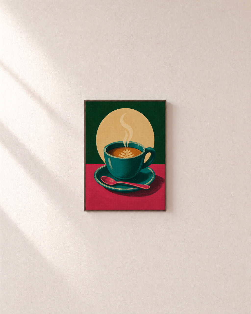 Morning Latte leaf latte print: unframed print is shown framed for styling on a plain wall; frame not included