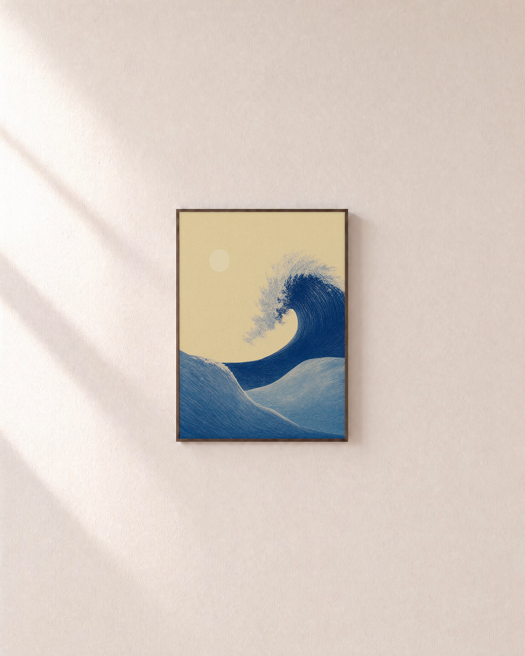 Indigo Wave Crest unframed print is shown framed for styling in a plain wall; frame not included