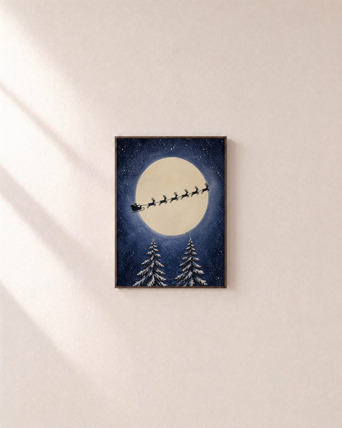 Midnight Sleigh moon sleigh print: unframed print is shown framed for styling on a plain wall; frame not included