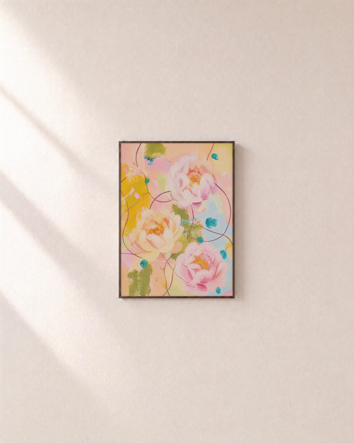 Peony Weather pastel peony wall art: unframed print is shown framed for styling on a plain wall; frame not included